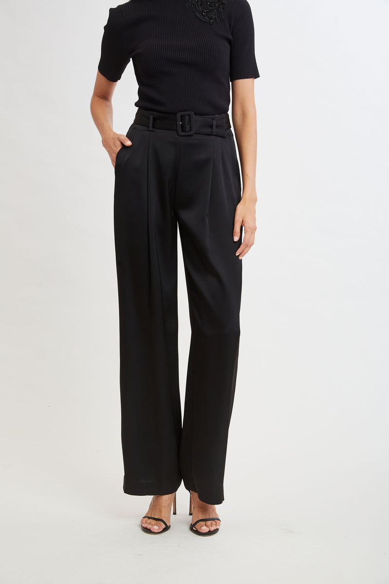 Belted Satin Pleated Pant