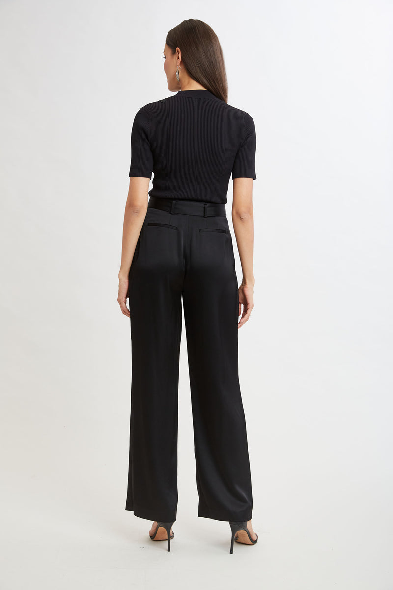 Belted Satin Pleated Pant