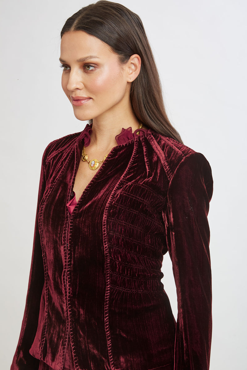 Plisse Velvet Embroidered Jacket