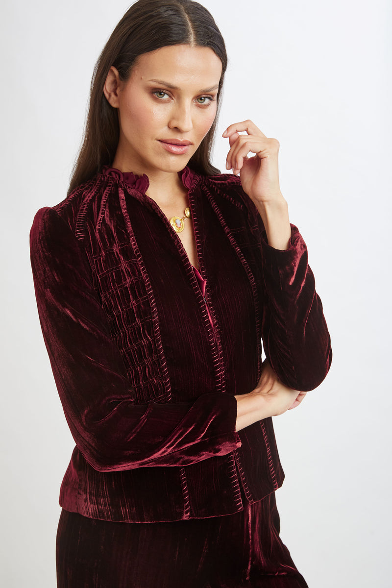 Plisse Velvet Embroidered Jacket