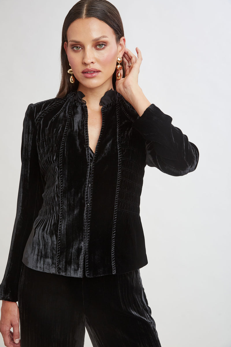 Plisse Velvet Embroidered Jacket