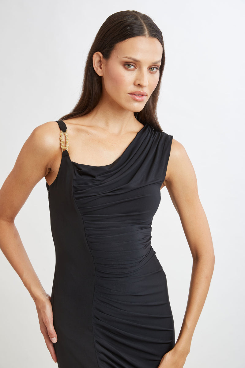 Chain Detail Asymmetric Matte Jersey Dress