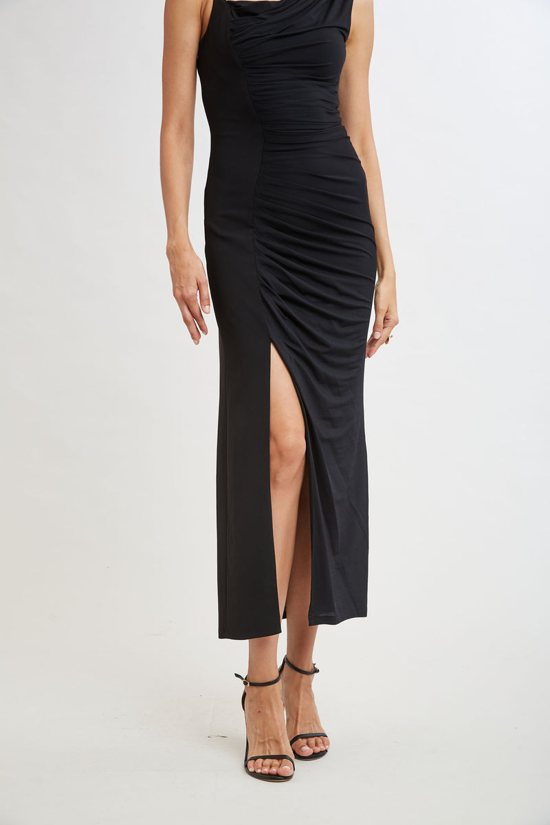 Chain Detail Asymmetric Matte Jersey Dress