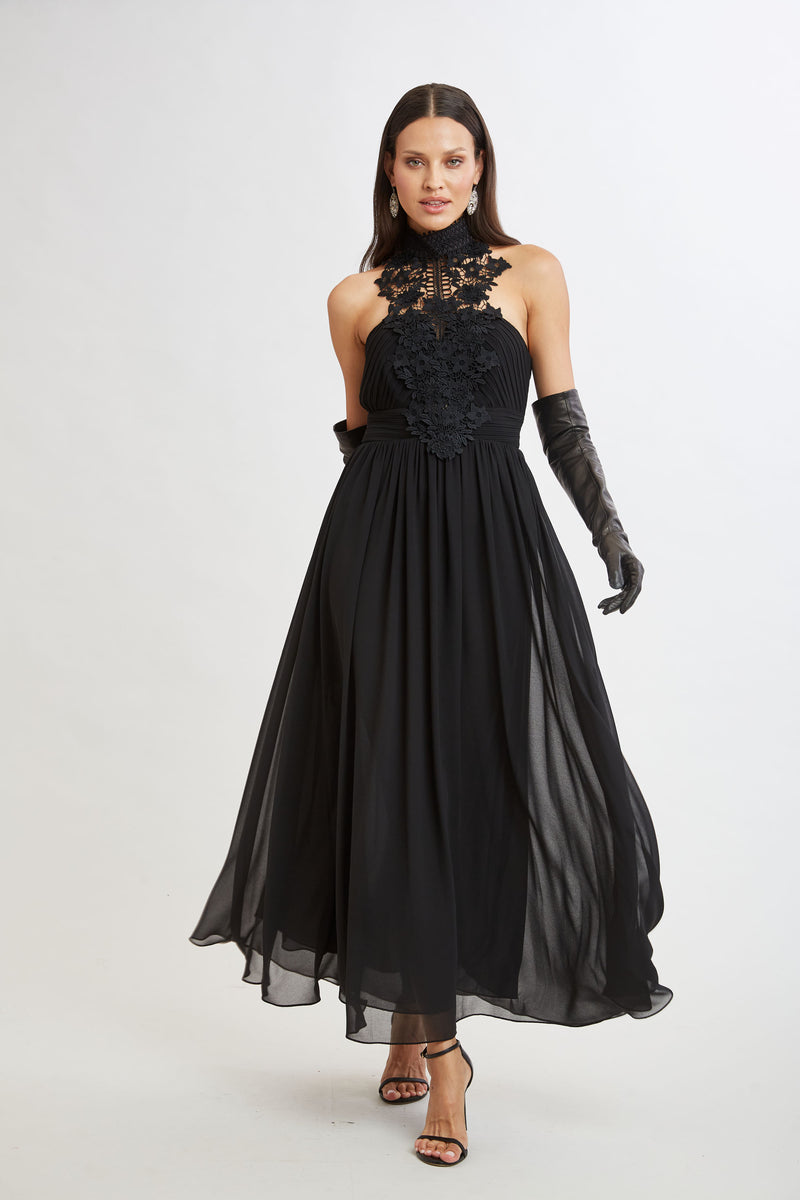 Lace Applique Chiffon Halter Gown