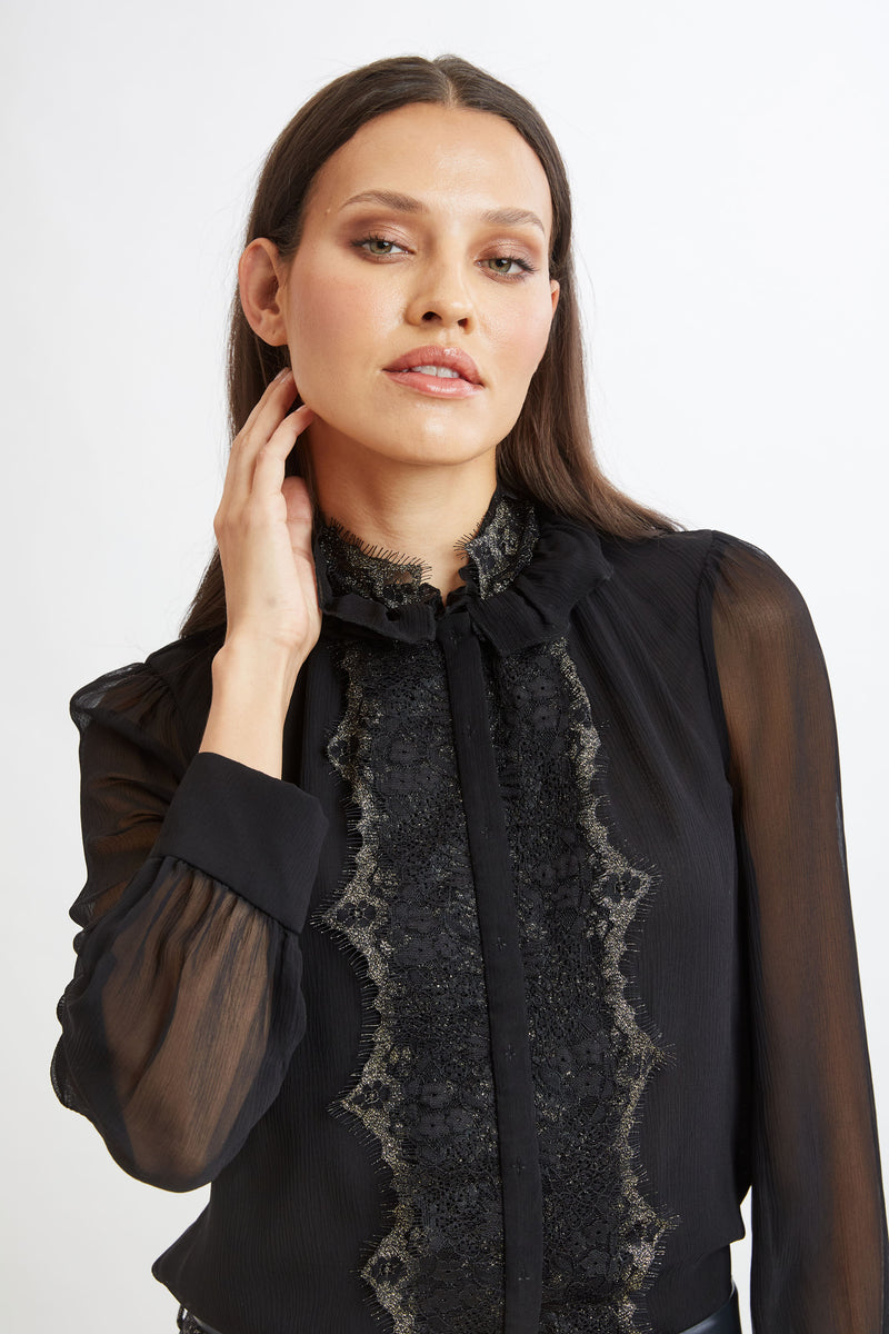 Metallic Lace Trim Silk Shirt