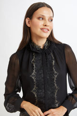 Metallic Lace Trim Silk Shirt