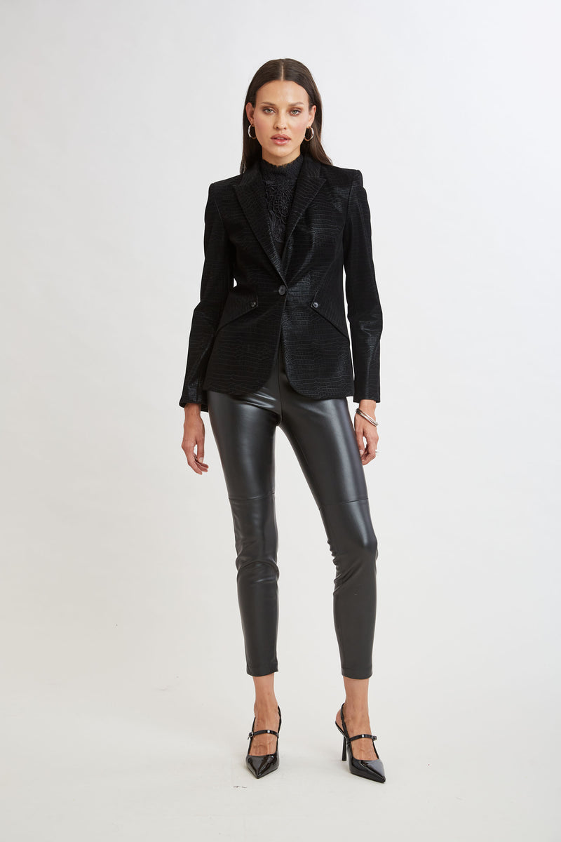 Croco Embossed Vegan Leather Panel Blazer