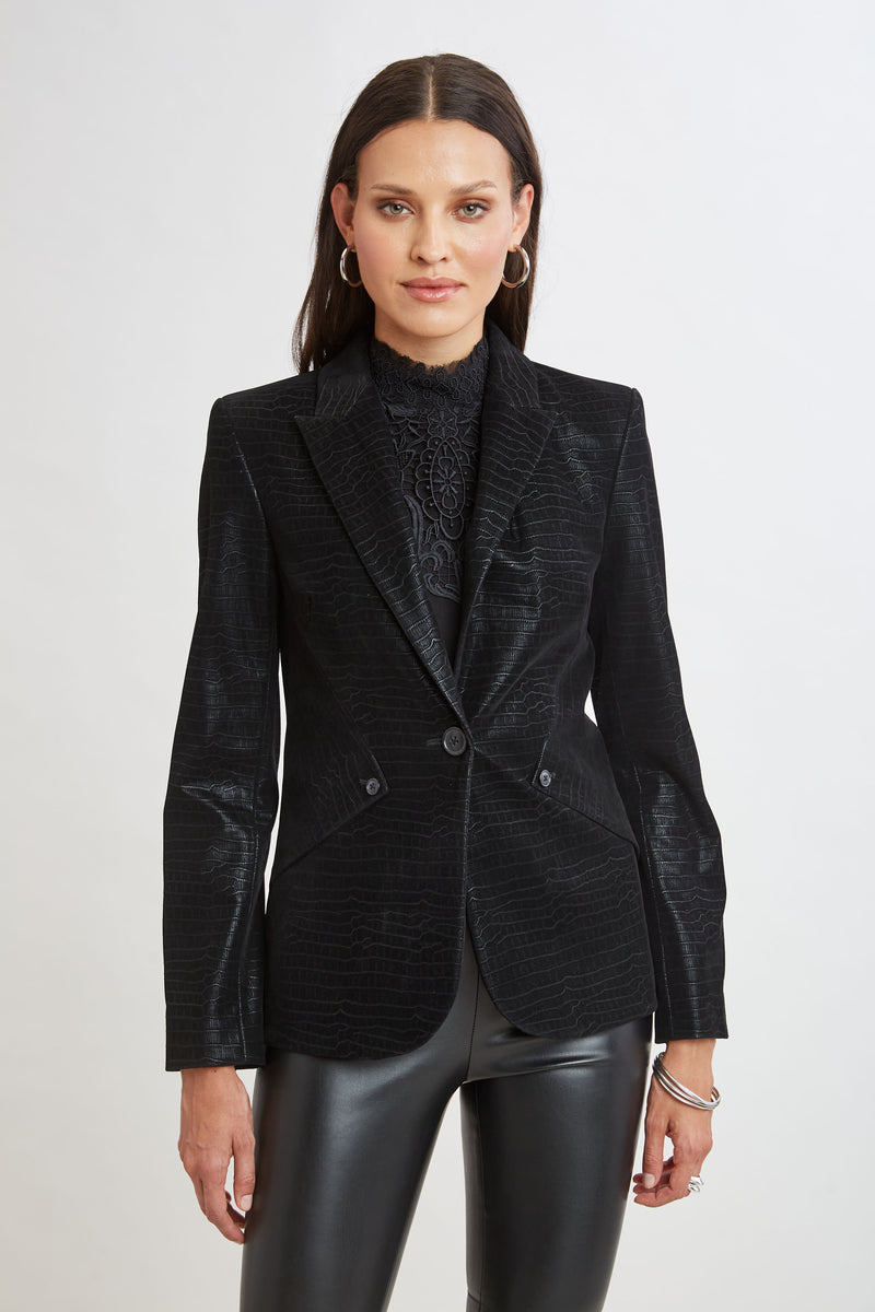 Croco Embossed Vegan Leather Panel Blazer