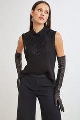 Lace Insert Crinkle Silk Chiffon Shirt