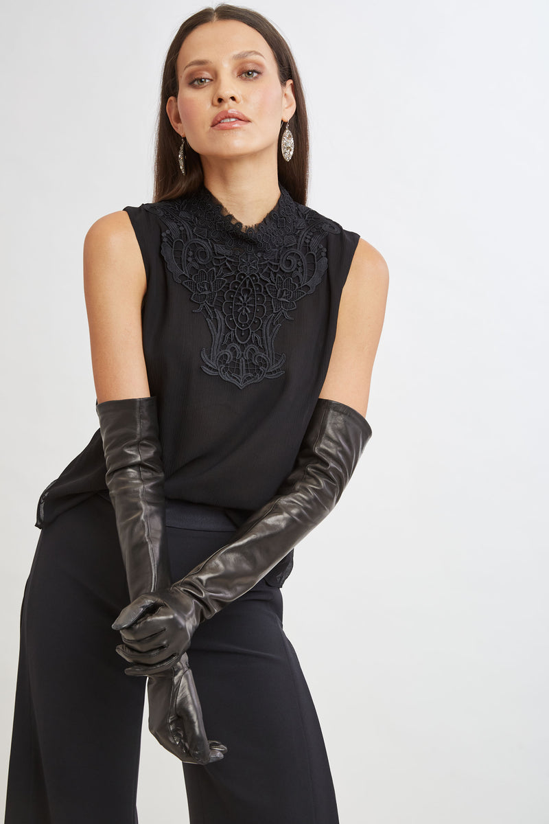 Lace Insert Crinkle Silk Chiffon Shirt