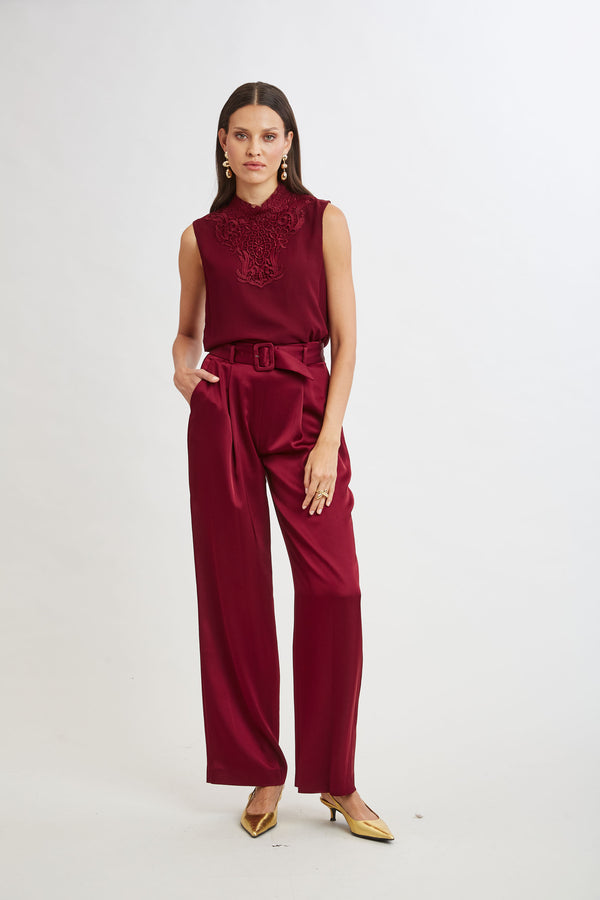 Belted Satin Pleated Pant