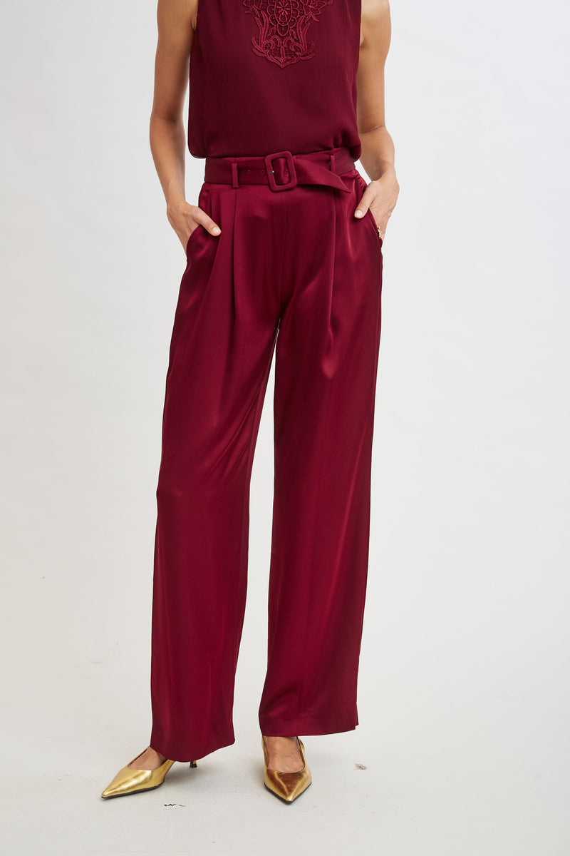 Belted Satin Pleated Pant