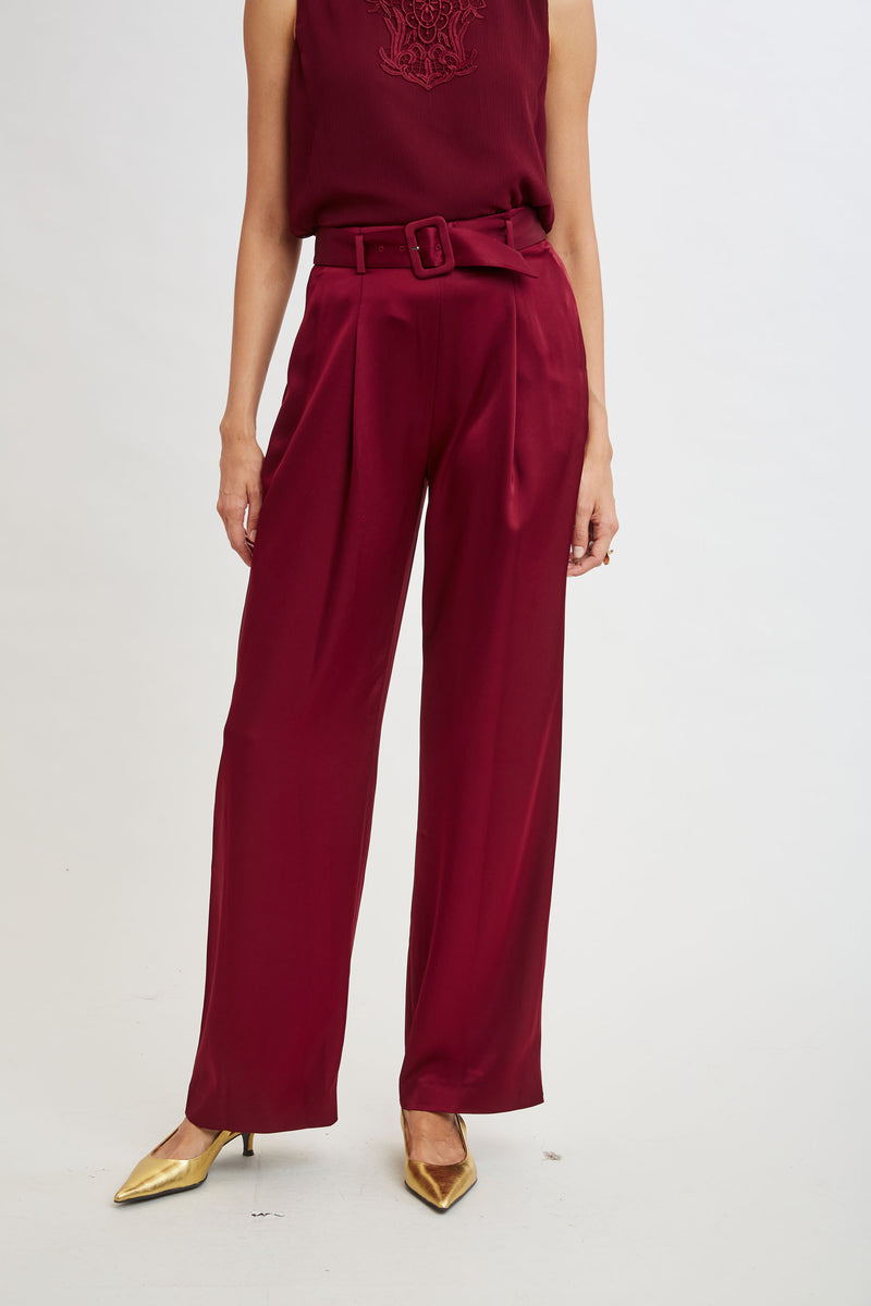 Belted Satin Pleated Pant