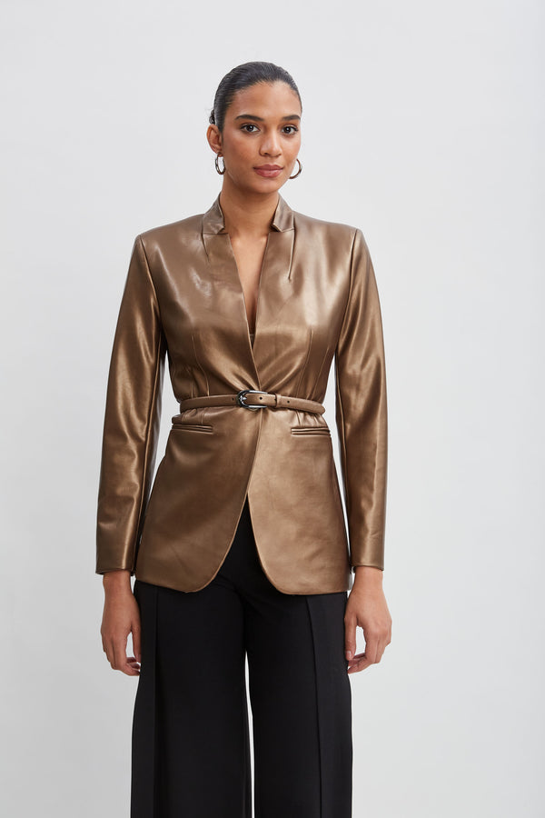 Metallic Vegan Leather Belted Blazer