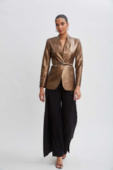 Metallic Vegan Leather Belted Blazer