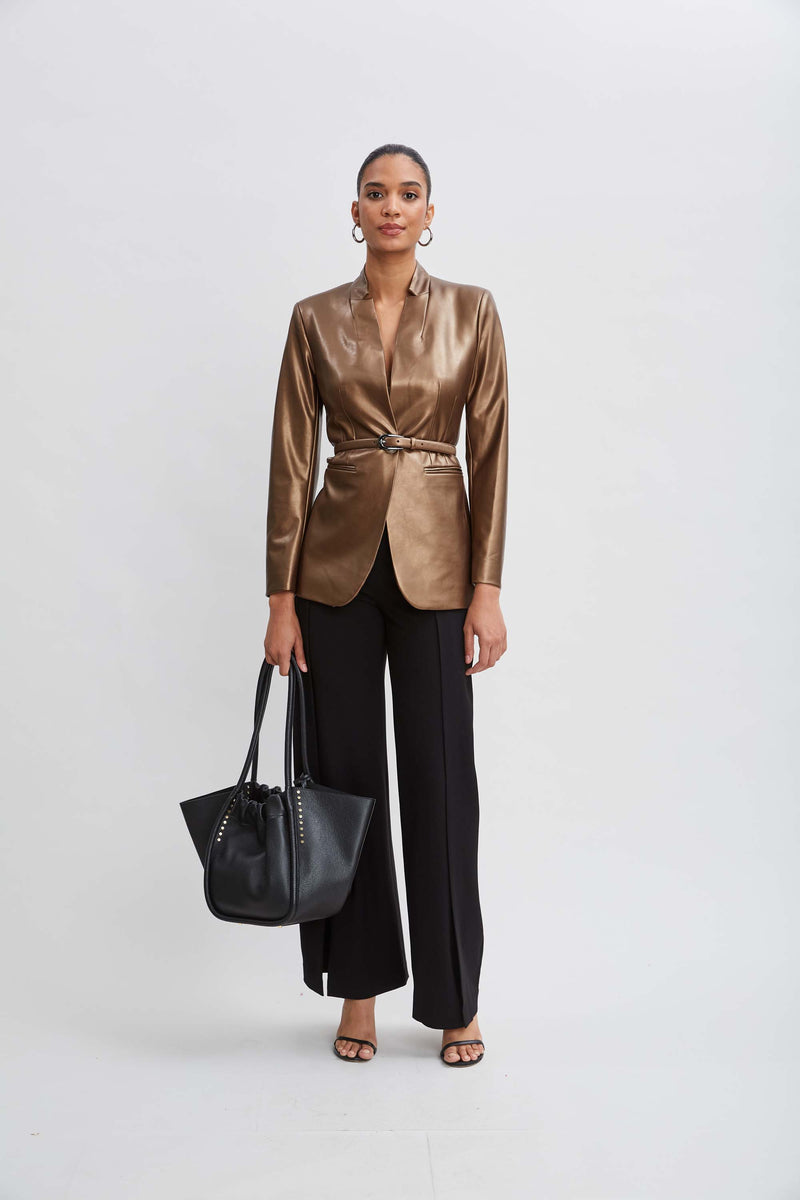 Metallic Vegan Leather Belted Blazer