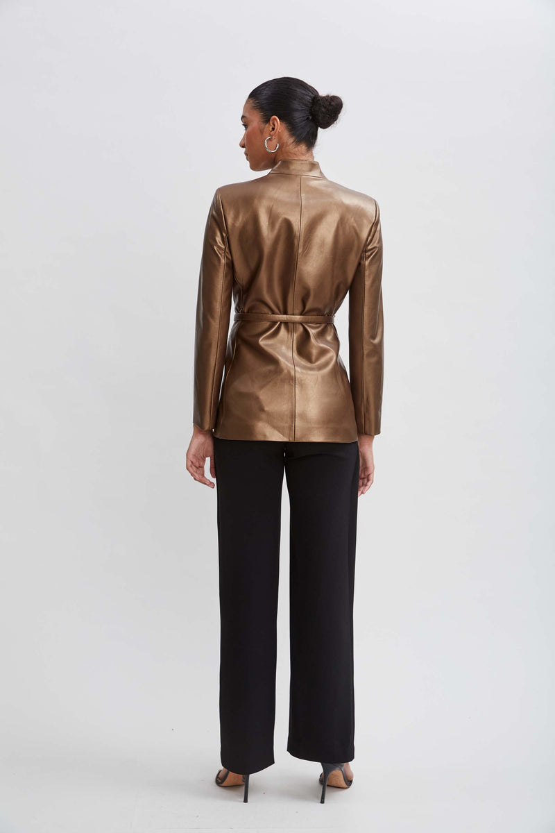 Metallic Vegan Leather Belted Blazer