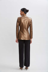 Metallic Vegan Leather Belted Blazer