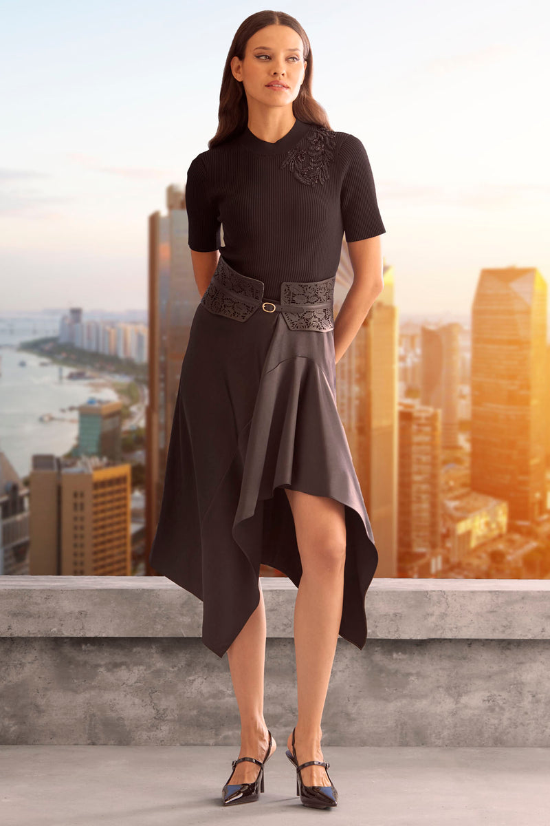 Asymmetric Hem Satin Midi Skirt