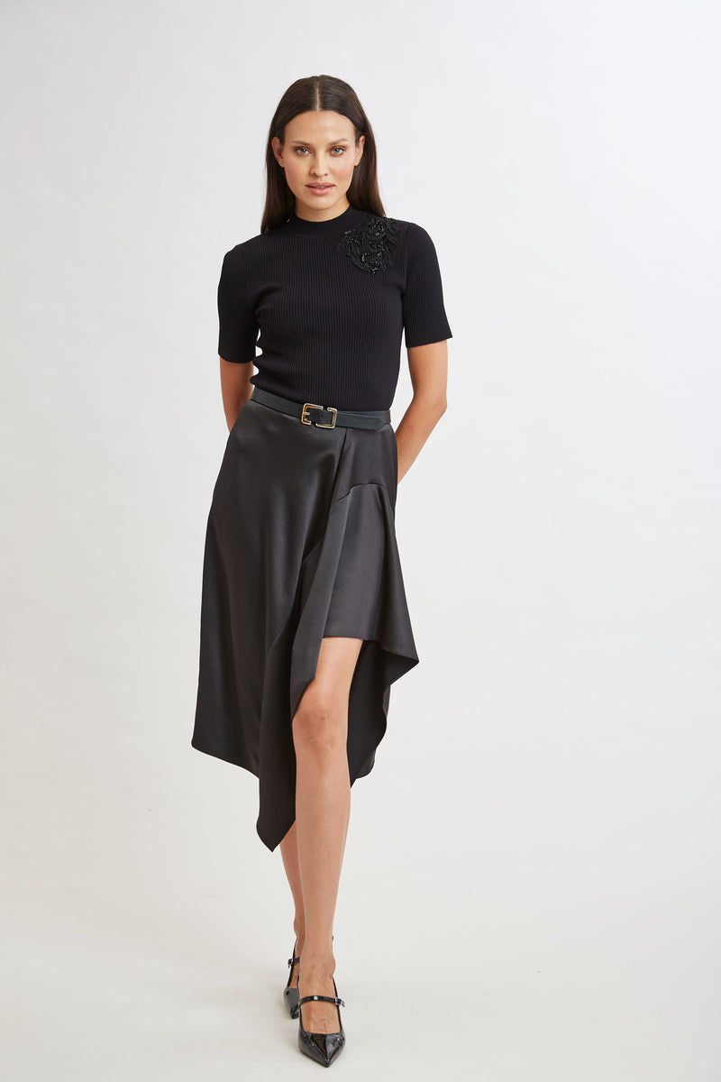 Asymmetric Hem Satin Midi Skirt