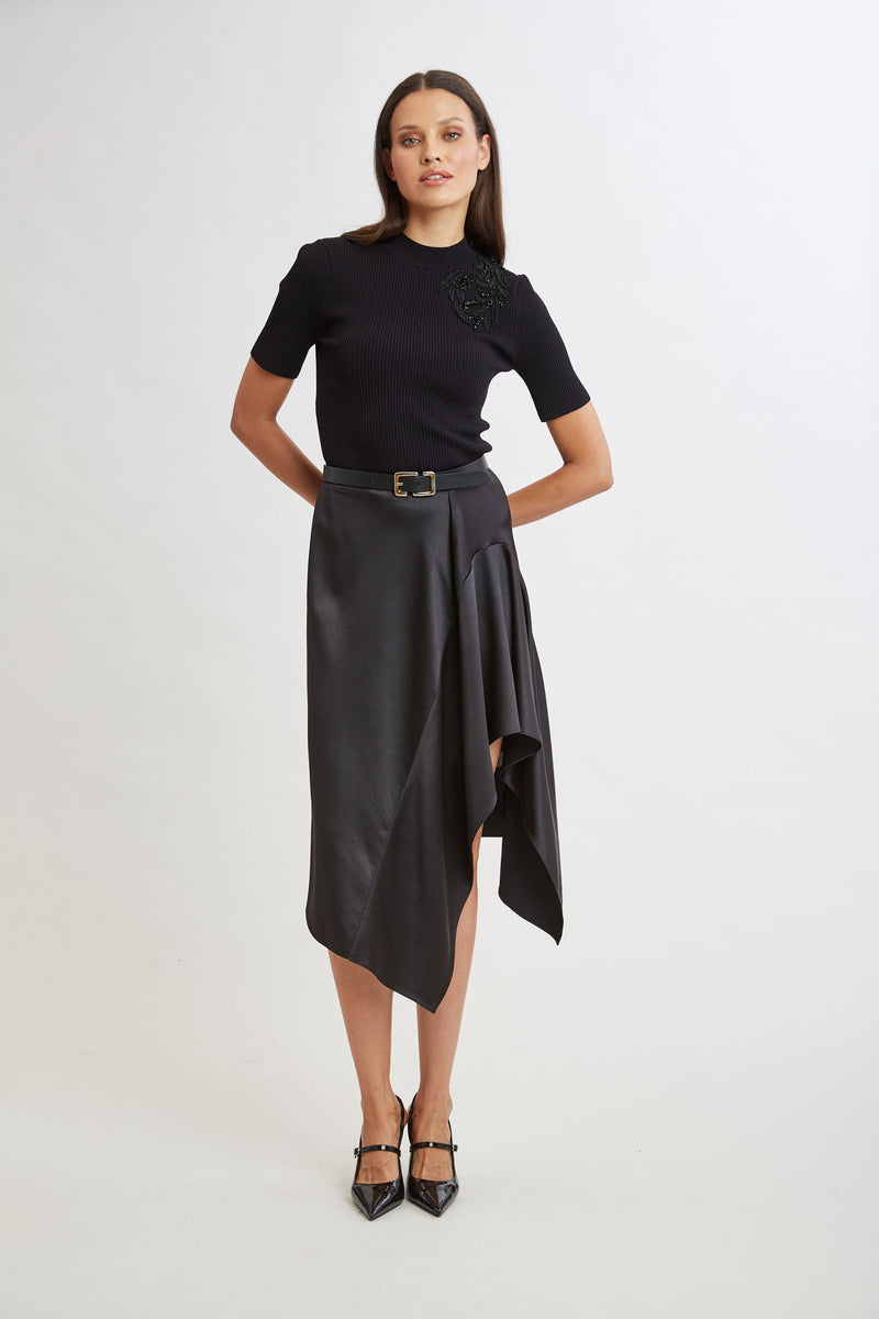 Asymmetric Hem Satin Midi Skirt