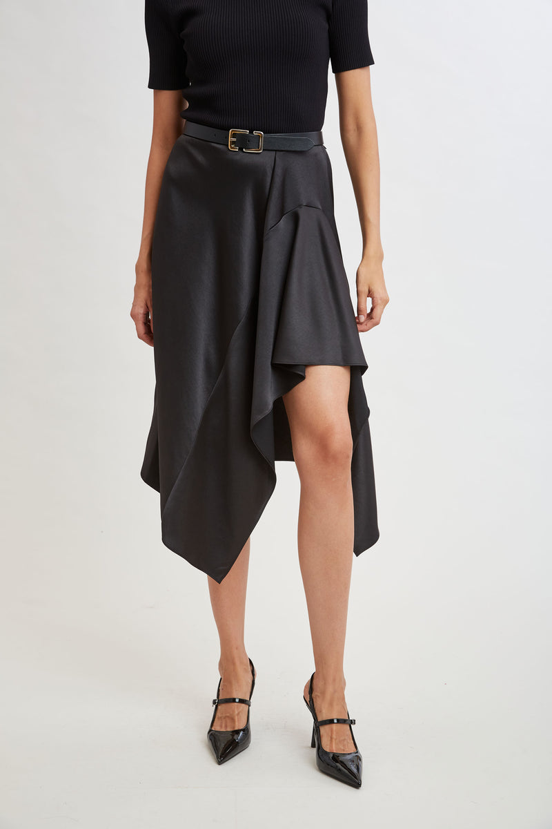 Asymmetric Hem Satin Midi Skirt