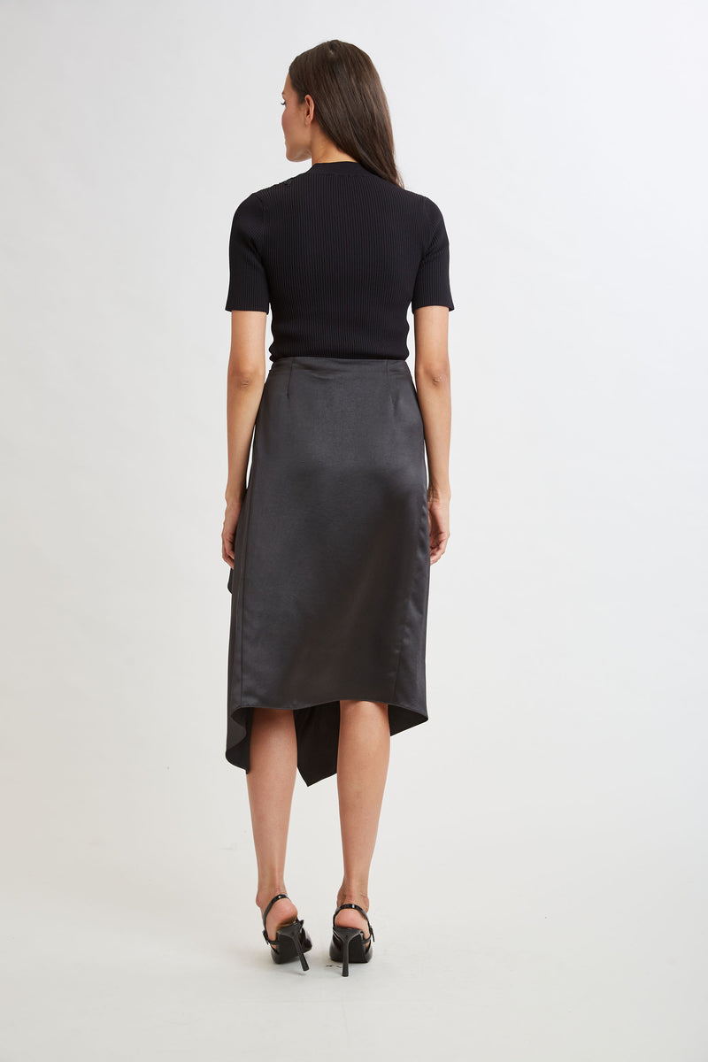 Asymmetric Hem Satin Midi Skirt