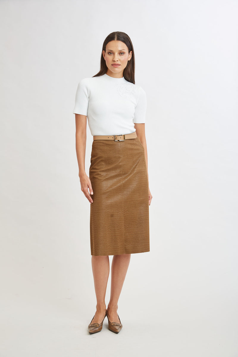 Croco Embossed Vegan Leather Midi Skirt