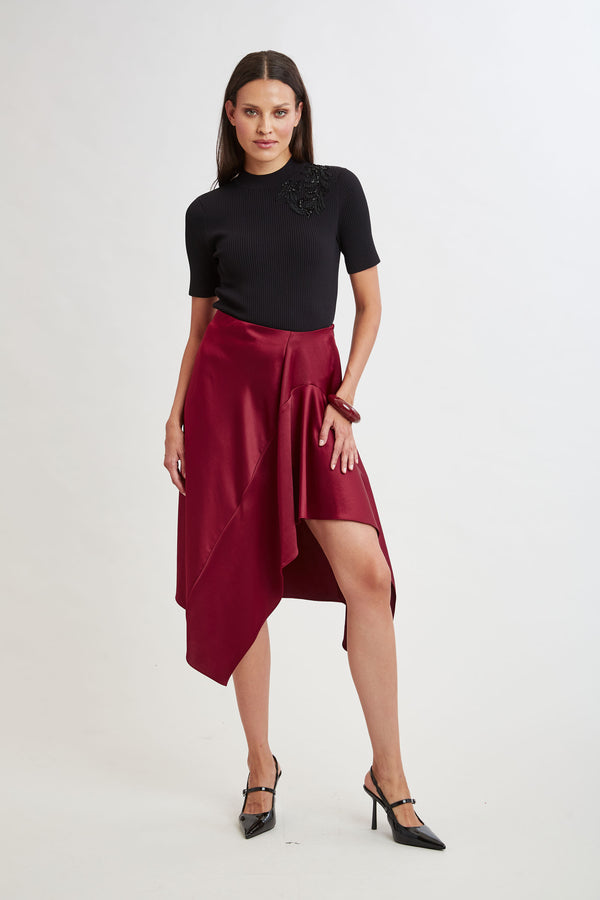 Asymmetric Hem Satin Midi Skirt