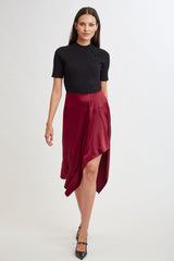 Asymmetric Hem Satin Midi Skirt