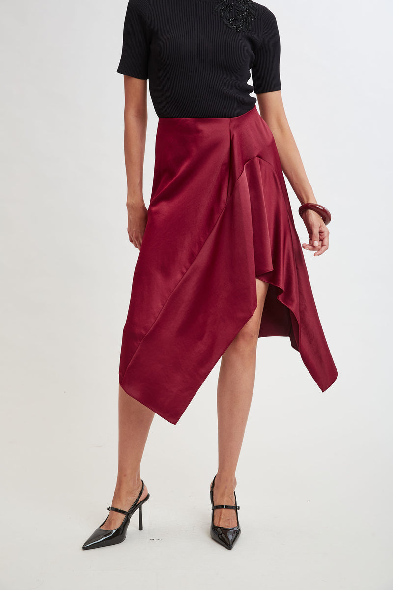 Asymmetric Hem Satin Midi Skirt