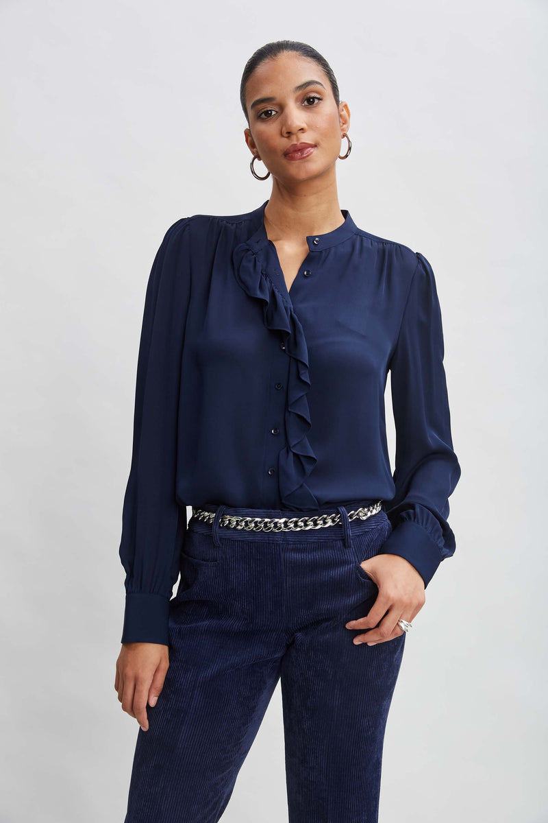 Silk Ruffle Button Down Shirt