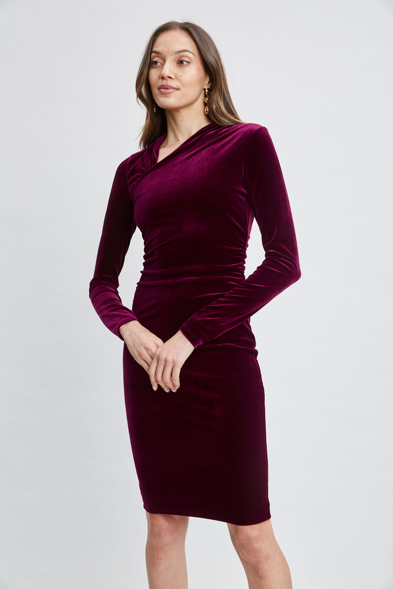 Asymmetric Ruched Velvet Dress