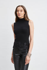 Mock Neck Lace Hem Sleeveless Sweater