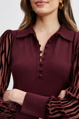 Velvet Burnout Sleeve Polo Sweater