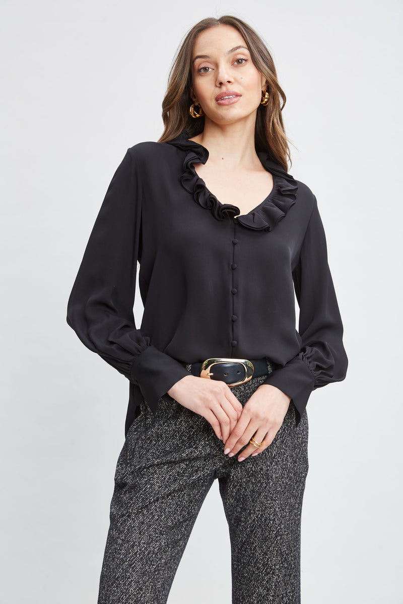 Silk Ruffle Neck Shirt