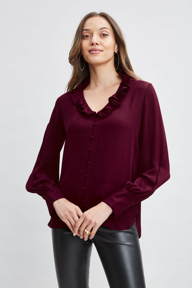 Silk Ruffle Neck Shirt