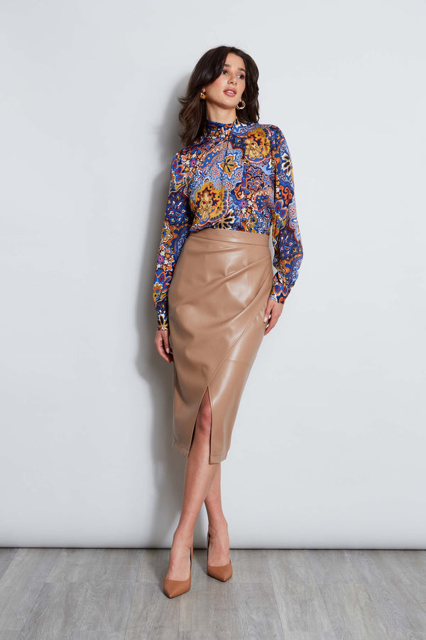 Midi Vegan Leather Wrap Skirt