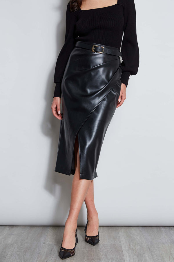 Midi Vegan Leather Wrap Skirt