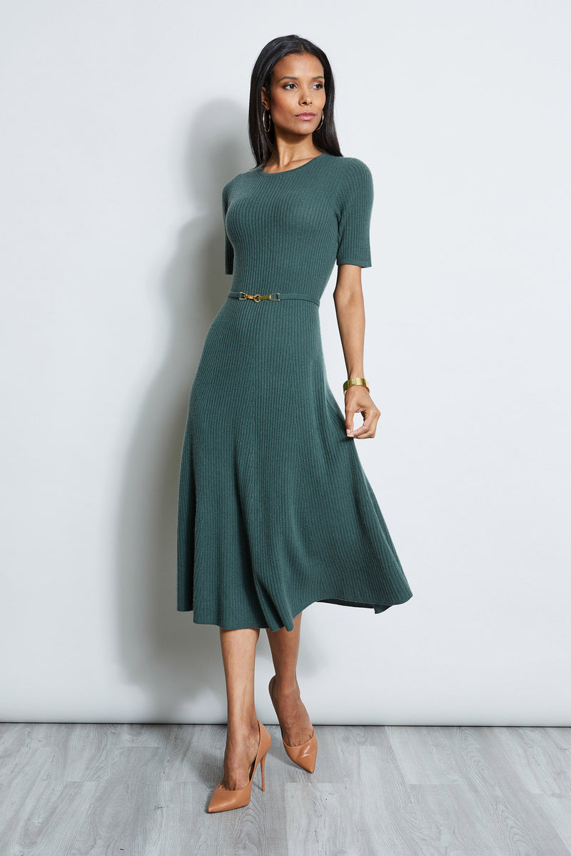 Short Sleeve Cashmere Belted Dress