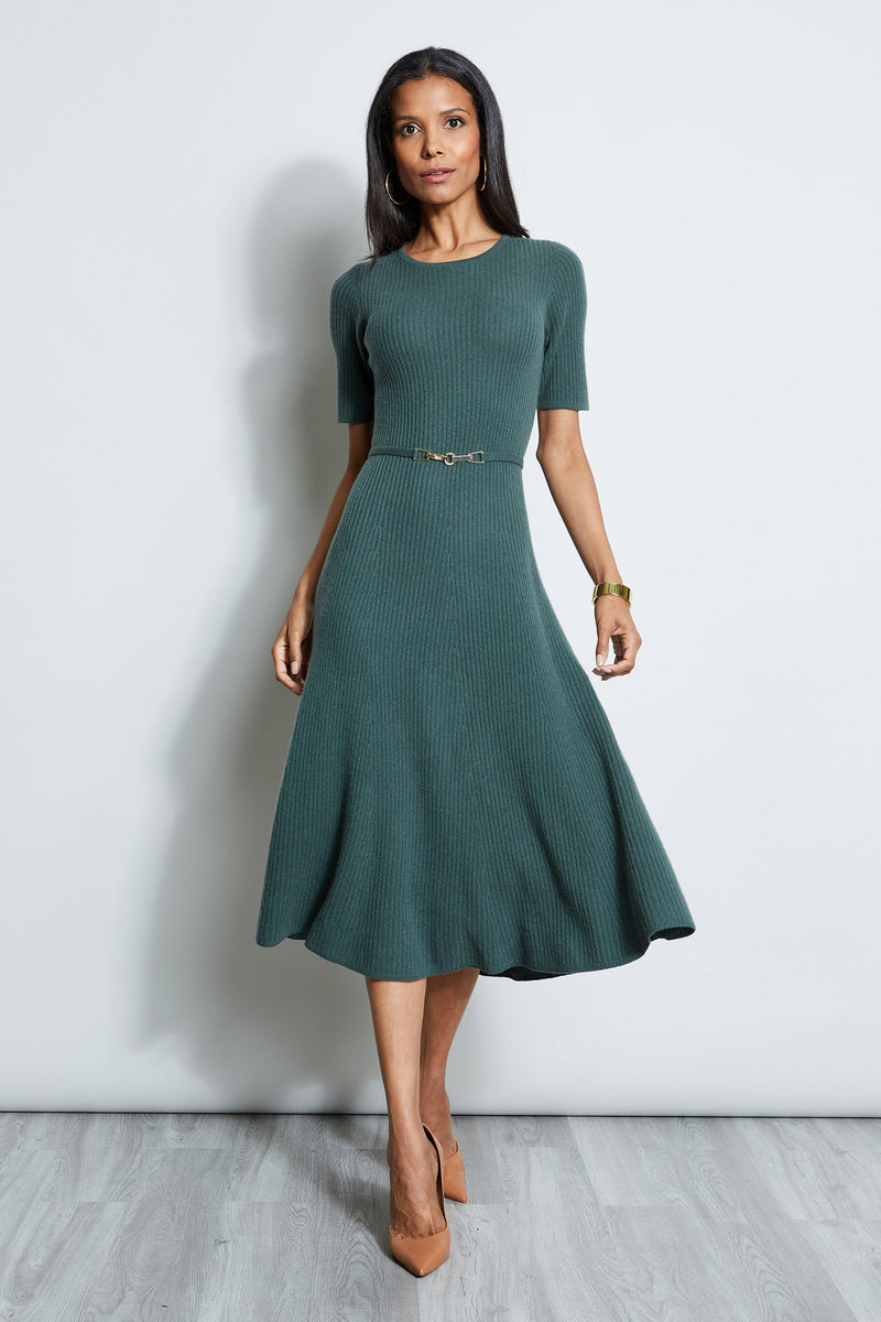 Short Sleeve Cashmere Belted Dress