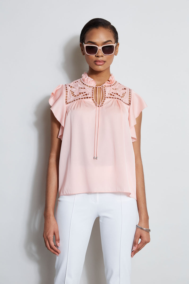 Silk Embroidered Flutter Sleeve Shirt