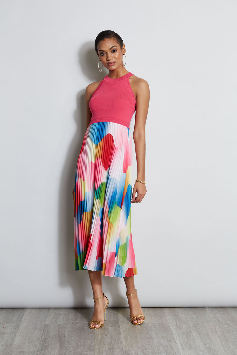 Halter Pleated Print Midi Dress