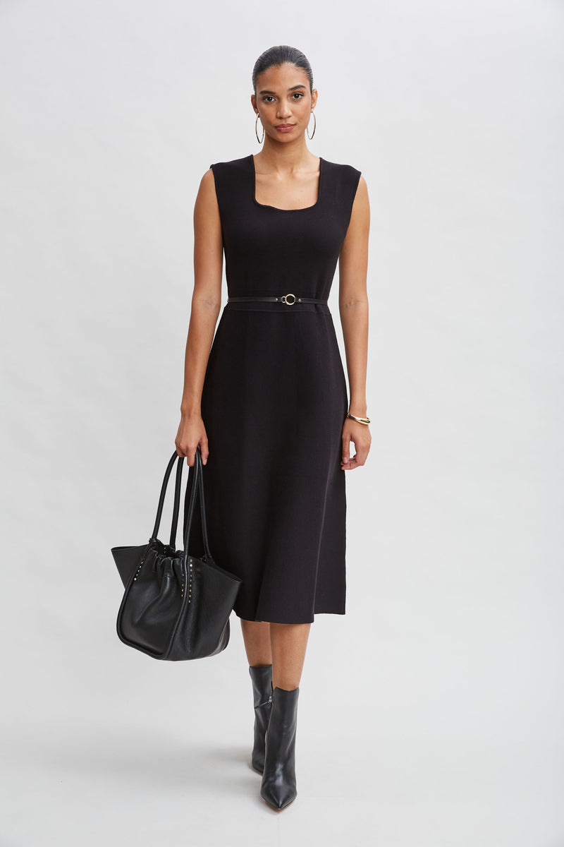 Square Neck Belted Sweater Dress