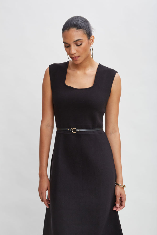 Square Neck Belted Sweater Dress