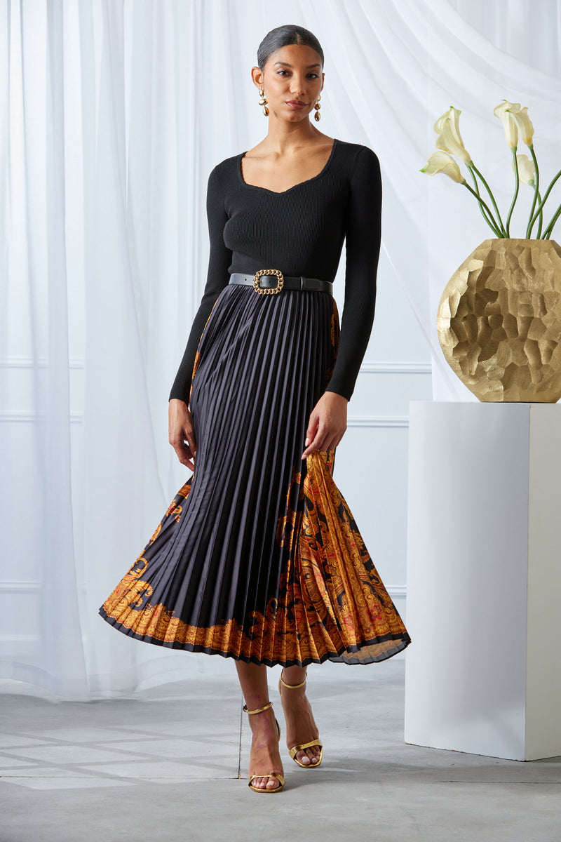 Paisley Pleated Midi Dress