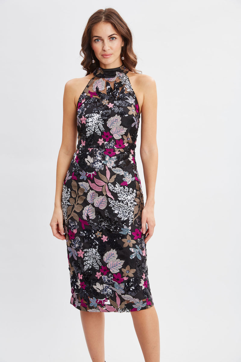 Floral Sequin Halter Dress