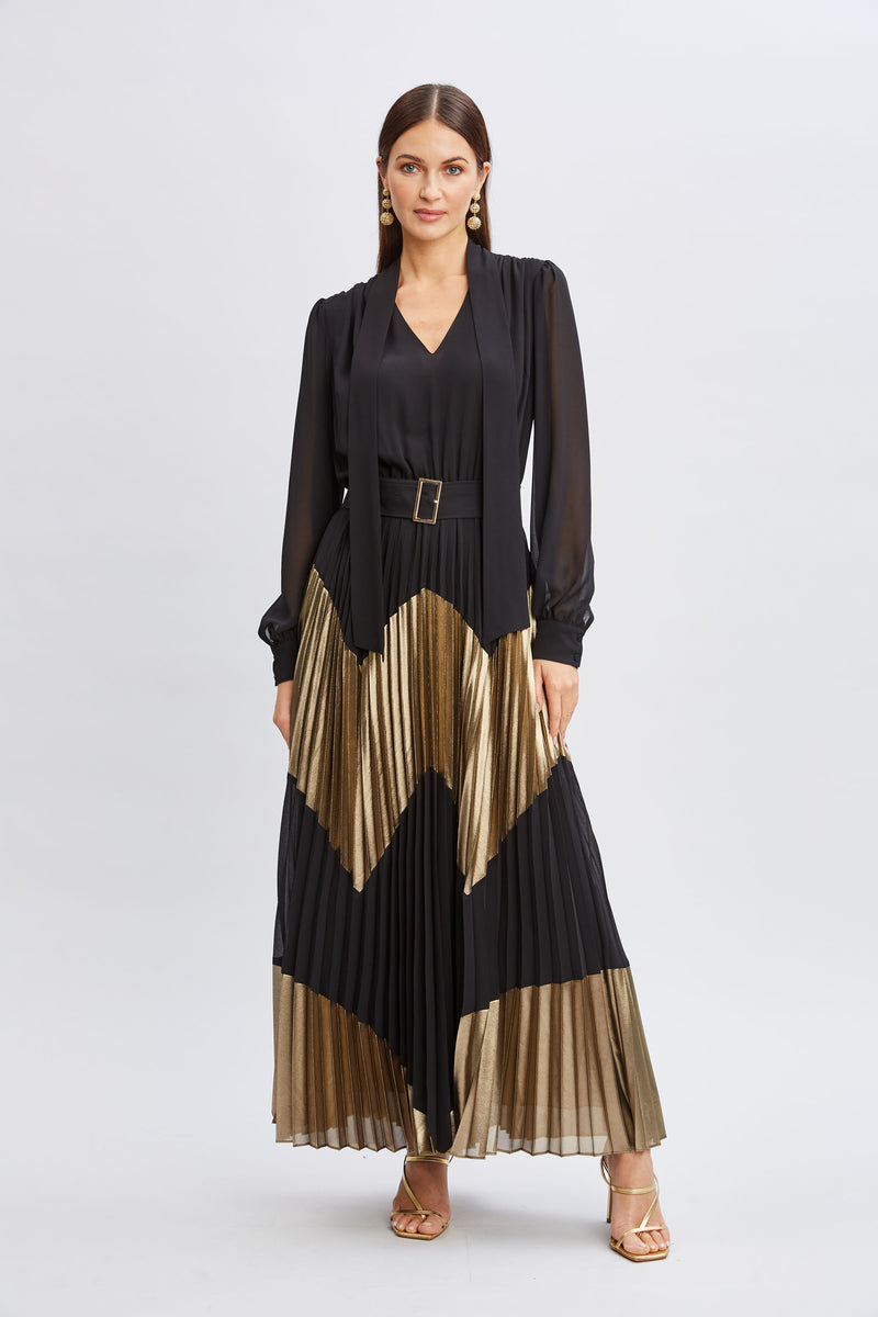 Chiffon Gilded Pleated Maxi Dress