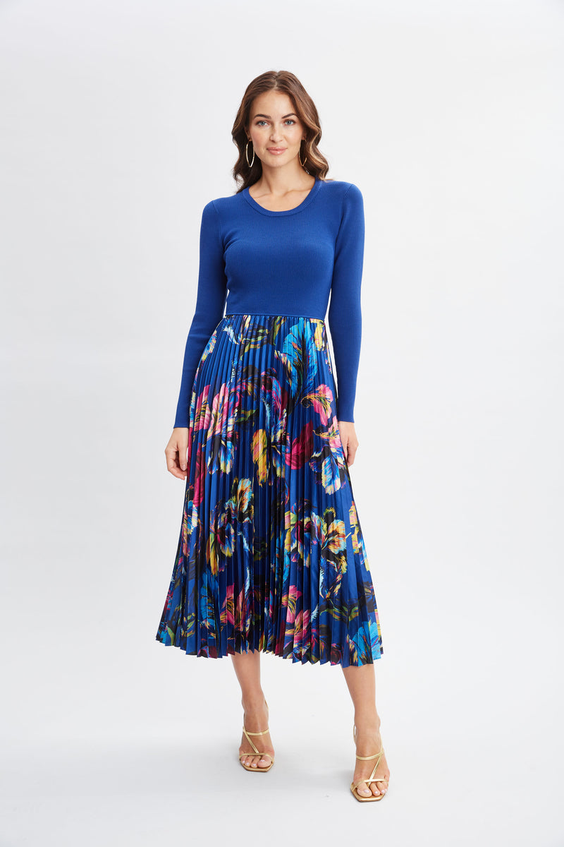 Mixed Media Floral Pleated Dress