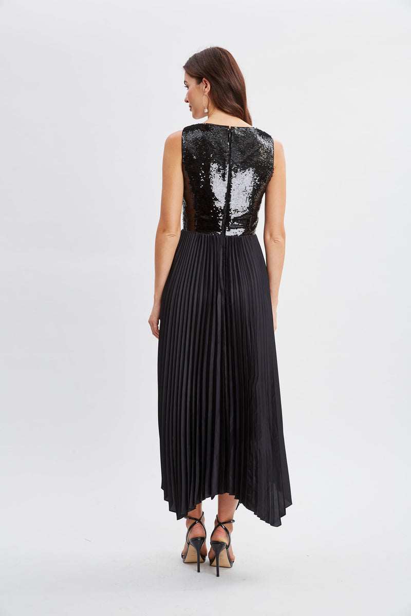 Sequin Bodice Pleated Dress